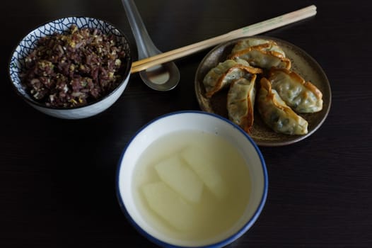 Fried dumplings or  " Gyoza "" with Garlic Prawn Fried Rice and soup set meal"