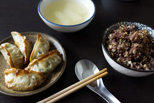 Fried dumplings or  " Gyoza "" with Garlic Prawn Fried Rice and soup set meal"