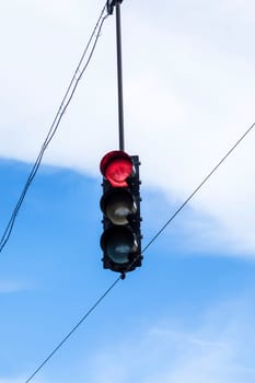 overhead traffic light under blue sky