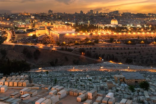 View to Jerusalem old city at sunset. Israel