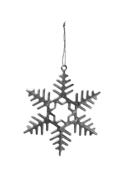 Christmas silver decorative snowflake hanging on silver glittering string isolated on white background