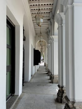 Vintage building with a Sino-Portuguese inspired front porch, Georgetown, Penang, Malaysia, perspective