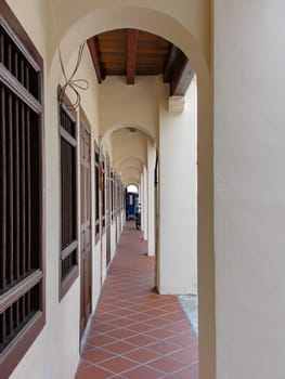Vintage building with a Sino-Portuguese inspired front porch, Georgetown, Penang, Malaysia, perspective