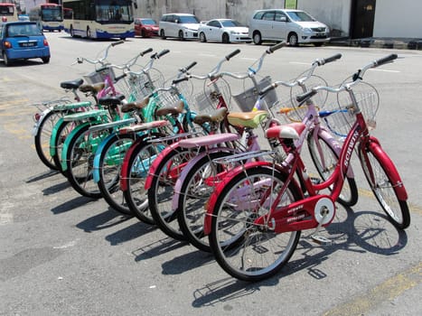 Multi-colored bike parking, Georgetown city, Penang Malaysia, perspective
