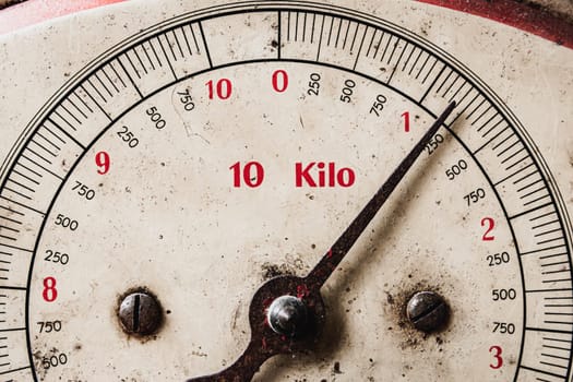 Close-up shot of retro and vintage scale or balance indicating weight in kilo.