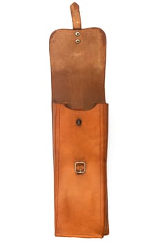 front view closeup of open handmade vintage brown leather satchel pouch with rough weathered texture and metallic buckle isolated on white background
