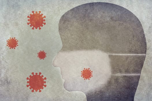 Silhouette of a human head wearing a mask, red colored covid-19 virus, infected, quarantine,health issues