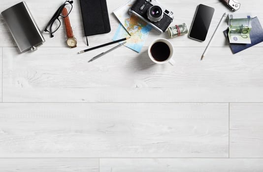 Travel concept background. Overhead view of travelers accessories. Copy space for your text. Flat lay.