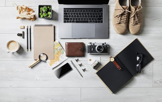 Stuff for travel. Ready for trip. Tourist essentials. Flat lay.