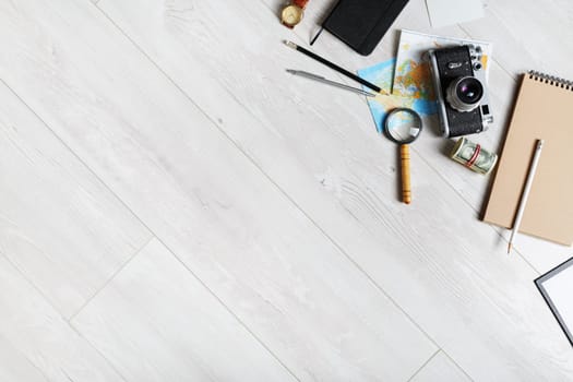 Travel concept background with a copy space. Trip vacation tools. Flat lay.
