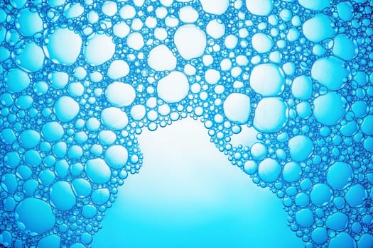 Blue bubble background. Detergent in water. Flat lay.