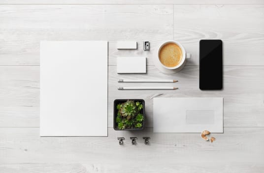 Corporate identity template. Branding design mockup. Blank stationery set on wooden background.