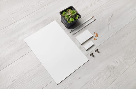 Blank stationery template on wooden background. Branding mock up for designers portfolios.