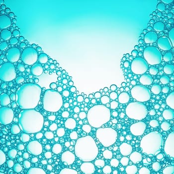 Foam with bubbles. Abstract soapy texture. Detergent in water. Flat lay.