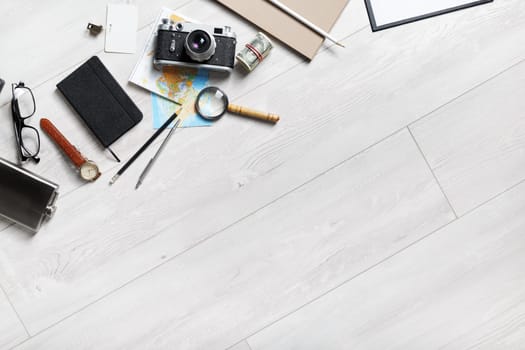 Overhead view of travel items with a copy space. Flat lay.