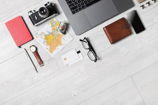 Ready for trip. Travel vacation accessories. Tourist essentials. Flat lay.