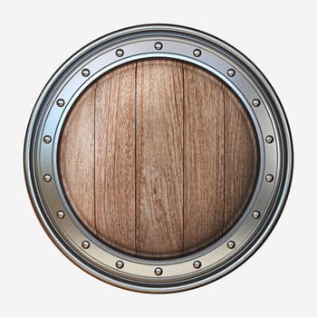 Circle wooden shield with steel frame 3D rendering illustration isolated on white background