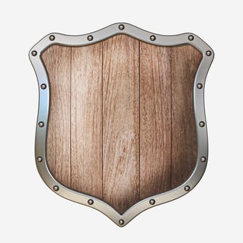 Wooden shield with steel frame 3D rendering illustration isolated on white background
