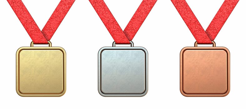 Golden, silver and bronze square medal collection 3D rendering illustration isolated on white background