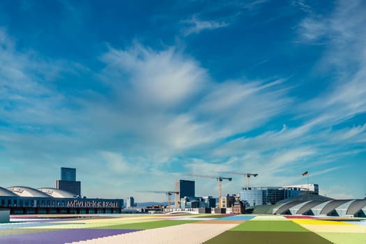 Frankfurt Hesse, GERMANY: October, 09, 2021, construction sites with cranes and high-rise buildings under construction in the new europaviertel in frankfurt am main