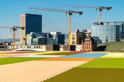 Frankfurt Hesse, GERMANY: October, 09, 2021, construction sites with cranes and high-rise buildings under construction in the new europaviertel in frankfurt am main