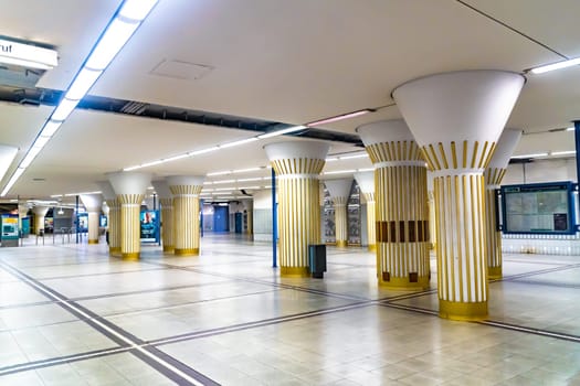 Frankfurt am Main, GERMANY: 09 October 2021: Passenger Area with Art Nouveau pillars in Frankfurt Main.