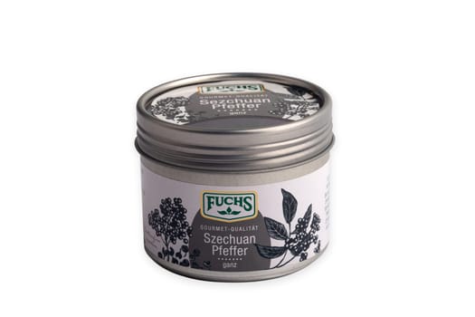 Huettenberg, GERMANY: 2021-10-18: Fuchs Szechuan Pepper in an aluminum can. The Fuchs Group is the largest German spice manufacturer.