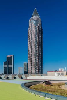 Frankfurt, GERMANY - October 9, 2021: Messeturm, or Trade Fair Tower, is a 63-storey, 257 m 843 ft skyscraper in Frankfurt, Germany