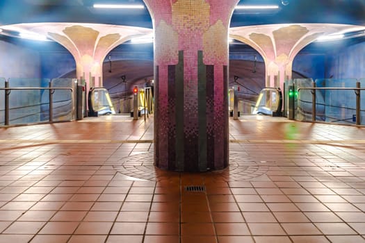 Frankfurt, Germany - October 09, 2021: Wonderful interior design of Westend Metro Station gave the second name to it - Palms garden