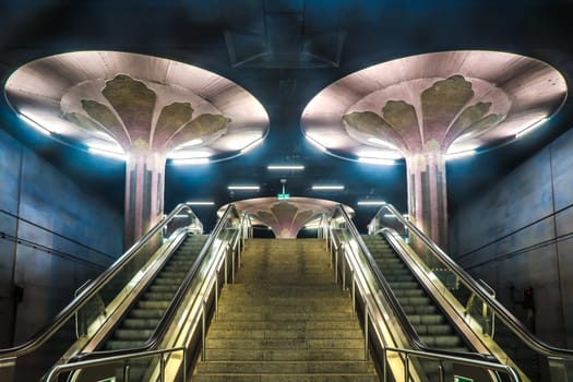 Frankfurt, Germany - October 09, 2021: Wonderful interior design of Westend Metro Station gave the second name to it - Palms garden