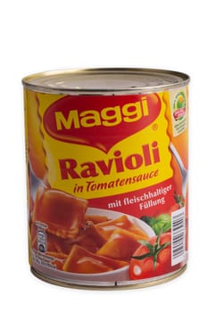 Huettenberg, GERMANY - 2021-10-18 A large tin can of Maggi ravioli on a white background
