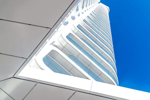 Frankfurt, Hessen Germany – 09.10.2021 Details from the luxory Grand Tower with many expensive apartments and office space for companies in the Europaviertel in Frankfurt am Main.