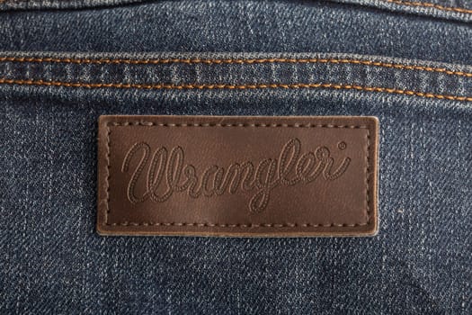 Huettenberg, Germany - 2021-10- Wrangler Jeans label close up , product shot.
