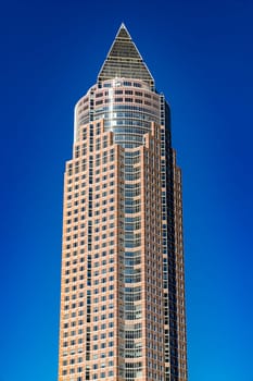 Frankfurt, GERMANY - October 9, 2021: Messeturm, or Trade Fair Tower, is a 63-storey, 257 m 843 ft skyscraper in Frankfurt, Germany