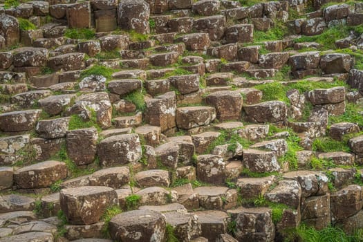 Closeup on hexagonal rock formation, basalt tiles in Giants Causeway, Wild Atlantic Way and UNESCO world heritage, Northern Ireland