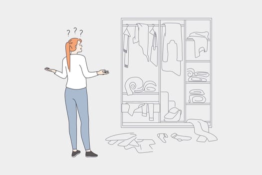 Difficult choice and wardrobe concept. Young frustrated woman cartoon character standing looking at chaos in wardrobe trying to choose clothes vector illustration