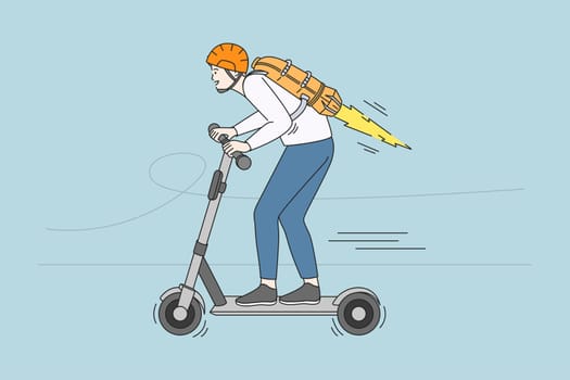 Speed and modern transport concept. Young smiling man in helmet riding scooter with rocket on back vector illustration