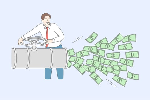 Financial success and wealth concept. Young smiling businessman standing and blowing heaps of cash money dollars from tube vector illustration