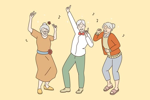 Elderly mature people active lifestyle concept. Group of happy old grey haired men and women dancing having fun enjoying time together vector illustration