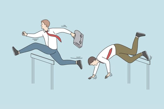 Business success and competition concept. Young positive man jumping over obstacle while another falling down feeling leader success vector illustration