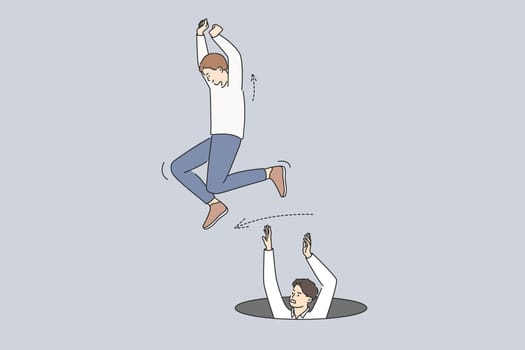 Business competition and leadership concept. Young positive man jumping over another looking from hole feeling leader success vector illustration