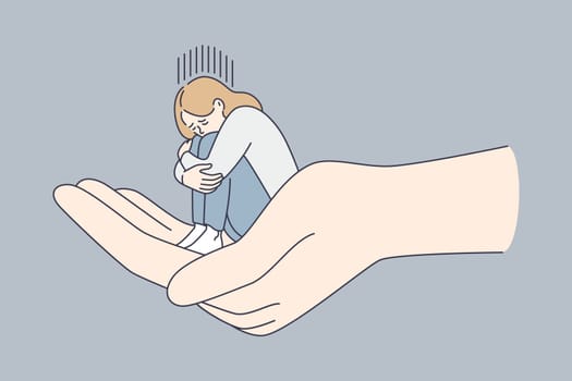 Helping hand and depression concept. Huge human hand holding tiny sitting depressed unhappy sad woman over grey background vector illustration