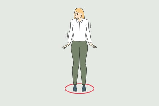 Personal development and borders concept. Young frustrated woman cartoon character standing in small red circle feeling not free vector illustration
