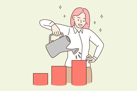 Business success and development concept. Young smiling woman cartoon character standing watering growing cubes with watering can vector illustration