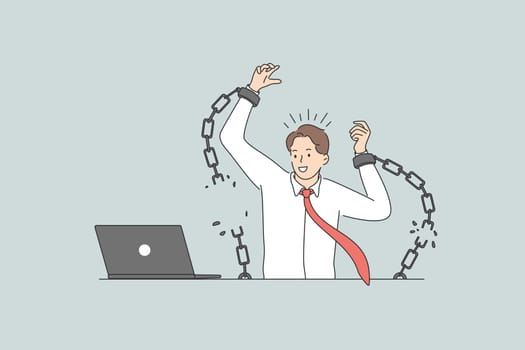 Freedom and breaking fetter concept. Young positive businessman worker sitting in office at laptop breaking fetters feeling free vector illustration