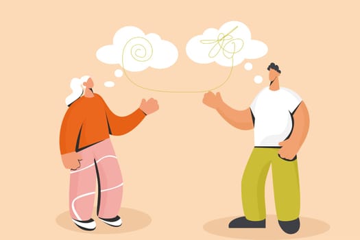 Man and woman psychologist and client unravel life relationship problems. Psychiatrist and patient therapy session, solve difficult situations. Psychology, psychotherapy concept. Vector illustration.
