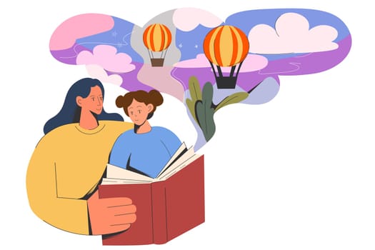 Caring mother read book to small teen daughter, dream of wonderland together. Loving mom or nanny enjoy story with little girl child. Children education, learner, literature. Vector illustration.