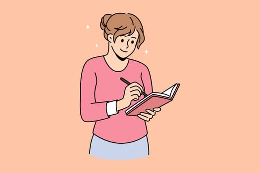 Making notes and writing diary concept. Young smiling woman cartoon character standing making notes in her diary vector illustration