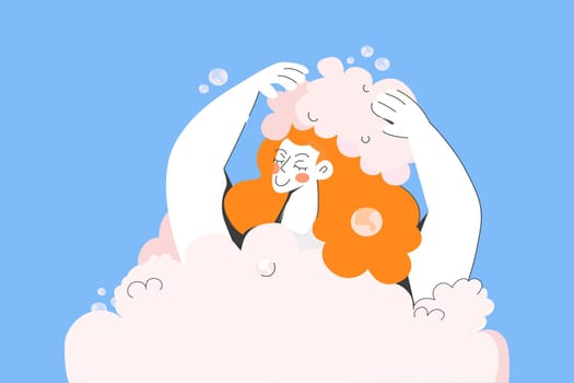 Happy young woman wash hair with shampoo, get bath or shower at home. Smiling millennial redhead girl clean head foam and bubble. Beauty treatment procedure, hygiene. Vector illustration.