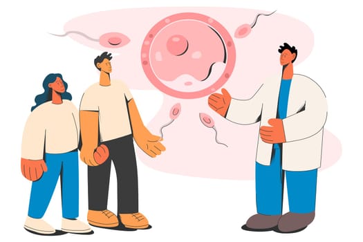 Doctor consult young man and woman couple future parents in hospital. Family planning concept. Spouses at consultation at gynecologist. Ovum and sperm symbol, fertility. Vector illustration.